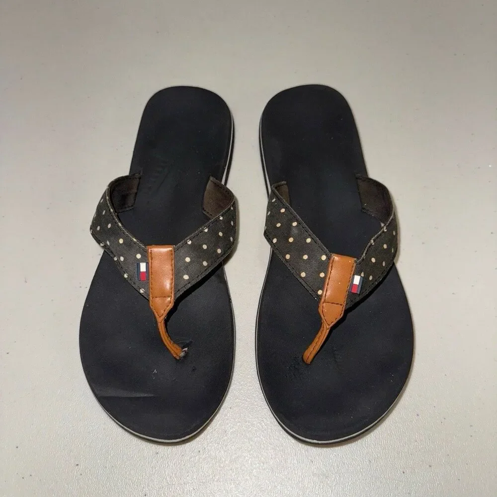Tommy Hilfiger Black Sandals Womens 8 Flip Flop Thong Polka Dot Logo Classic